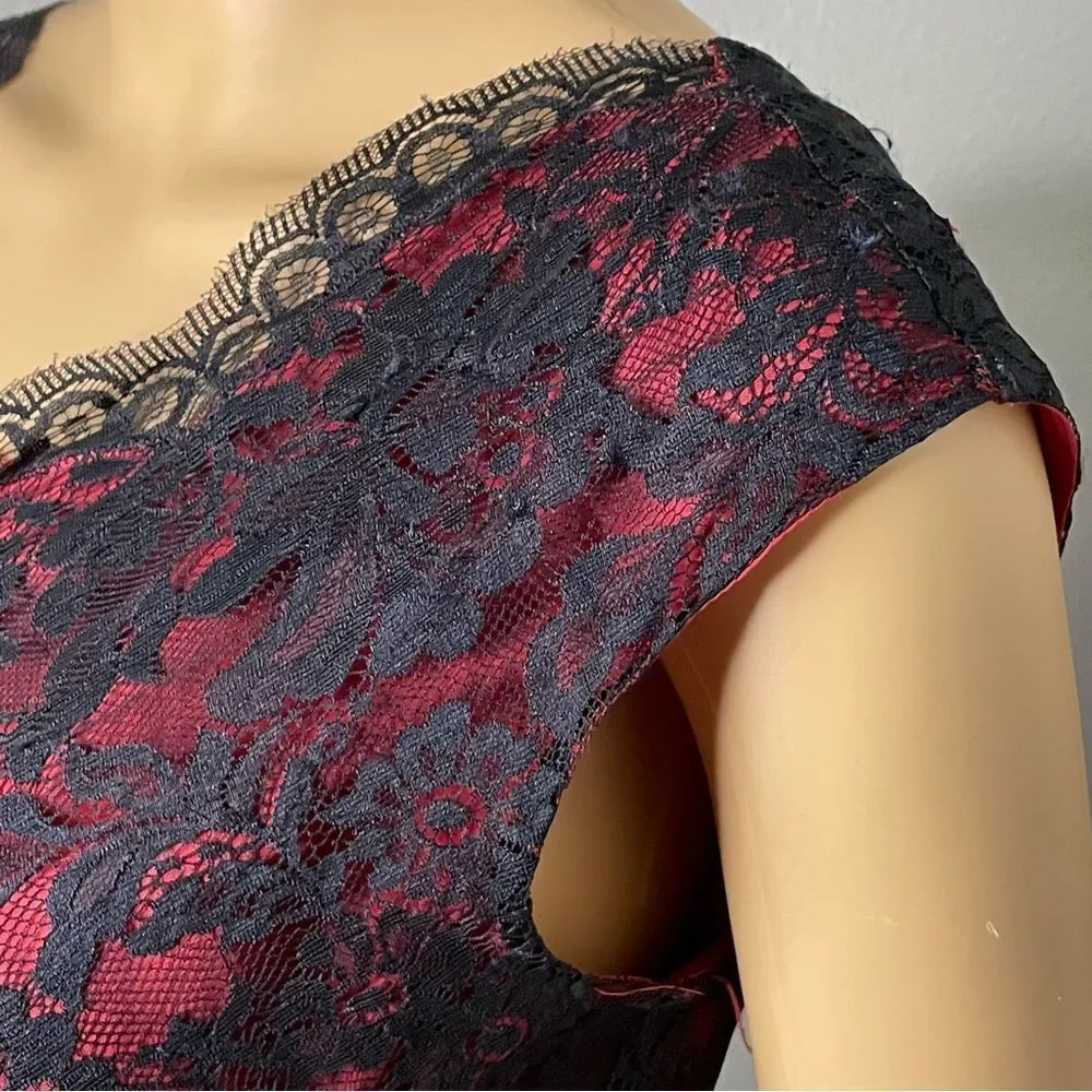 Chelsea & Violet Short Sleeve High Low Dress Black Lace Over Red Size Small